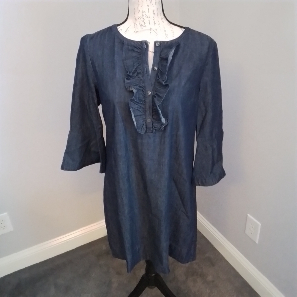 Draper James Dark Wash Chambray Denim Cotton Ruffle Shift Dress - 6 - Picture 8 of 12
